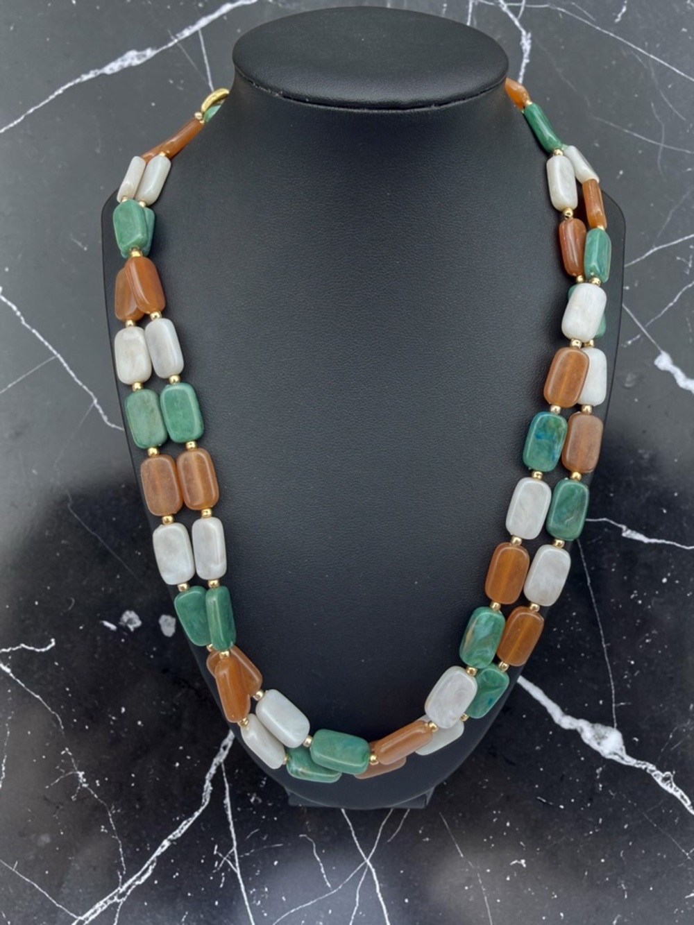 Mod 26” Long Bead Strand No Clasp Earth Tone Marbled Resin Links Boho Chic